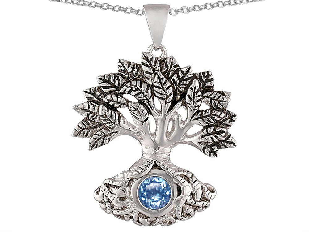 Star K Tree Of Life Good Luck Pendant Necklace With 7mm Round Simulated Aquamarine