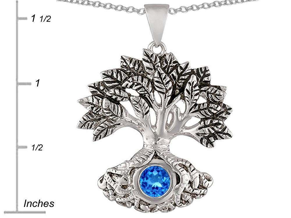 Star K Tree Of Life Good Luck Pendant Necklace With 7mm Round Simulated Blue Topaz