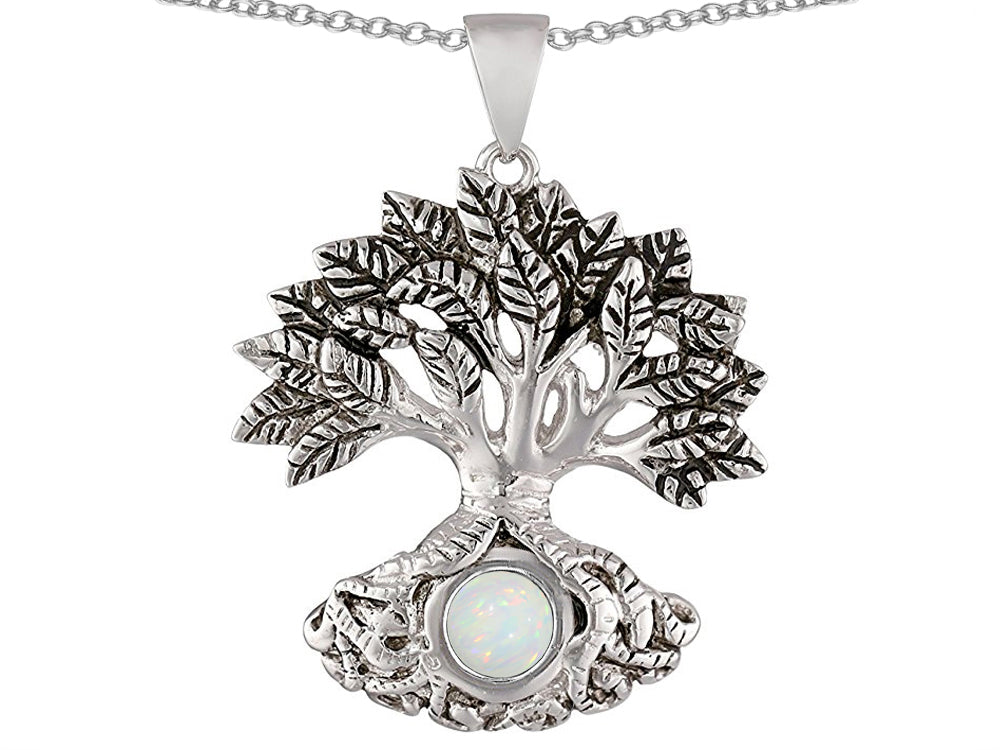 Star K Tree Of Life Good Luck Pendant Necklace With 7mm Round Created Opal