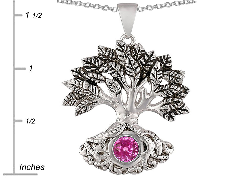 Star K Tree Of Life Good Luck Pendant Necklace With 7mm Round Created Pink Sapphire