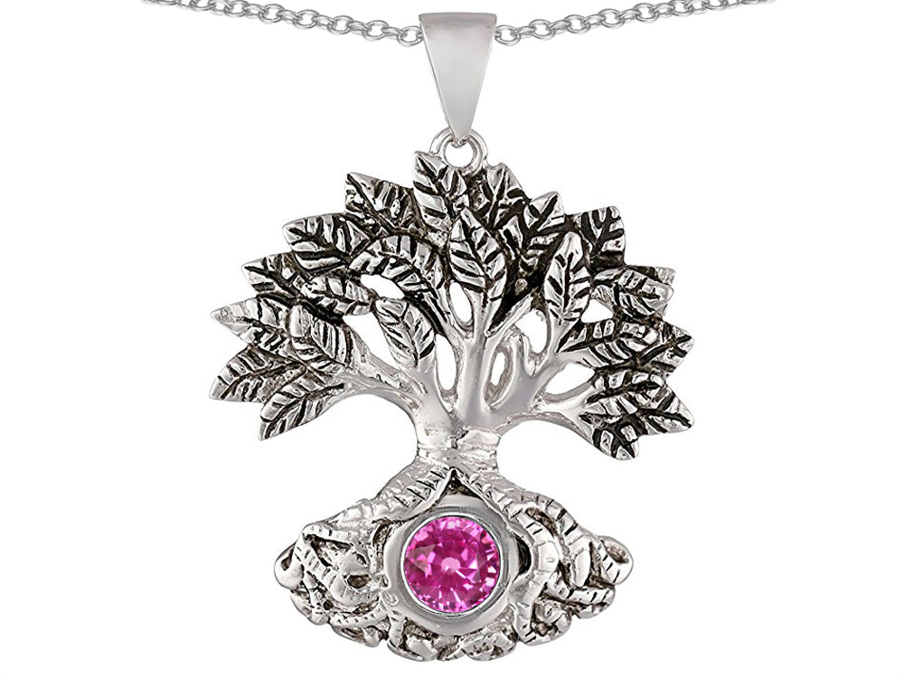 Star K Tree Of Life Good Luck Pendant Necklace With 7mm Round Created Pink Sapphire
