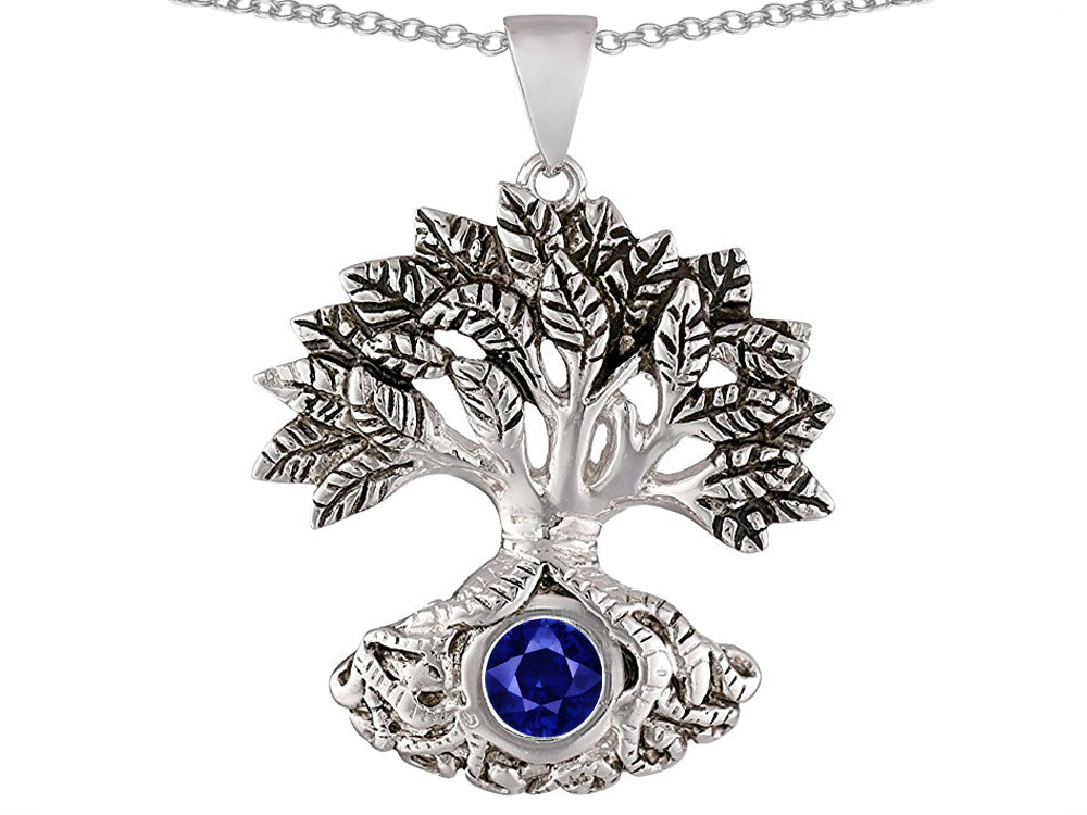 Star K Tree Of Life Good Luck Pendant Necklace With 7mm Round Created Sapphire