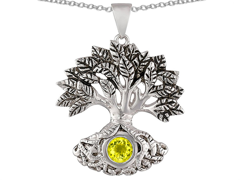 Star K Tree Of Life Good Luck Pendant Necklace With 7mm Round Simulated Yellow Sapphire
