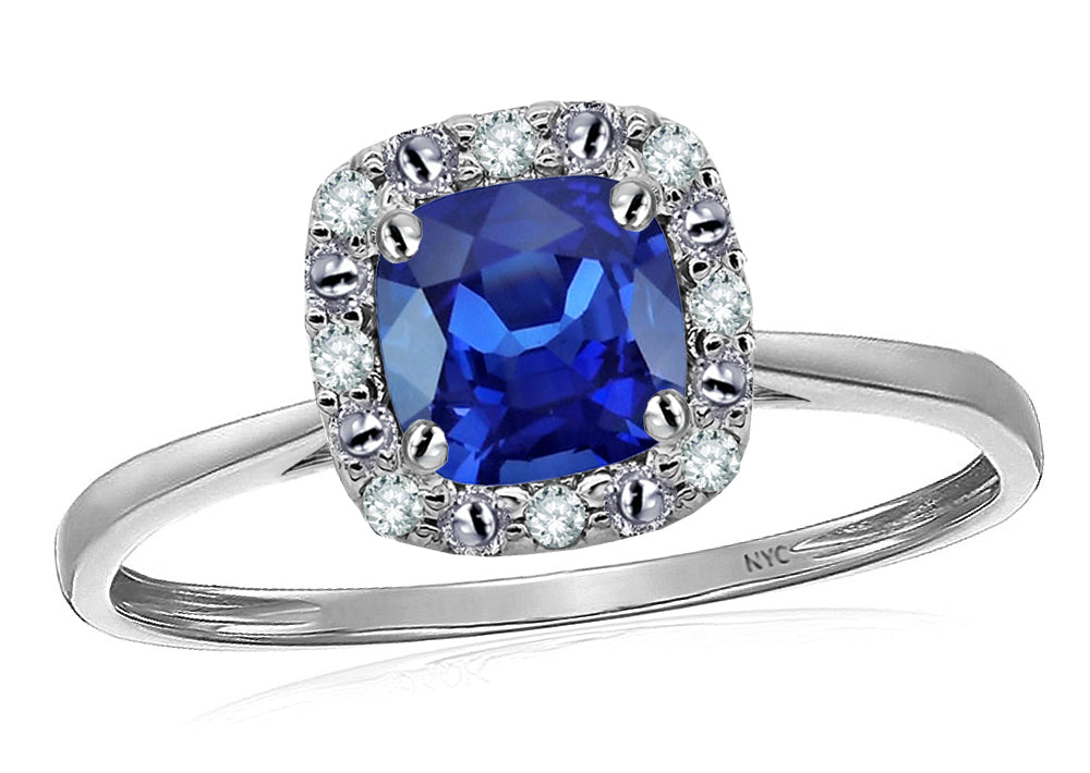 Star K 10 kt White Gold Classic Cushion-Cut Created Sapphire Designer Halo Ring