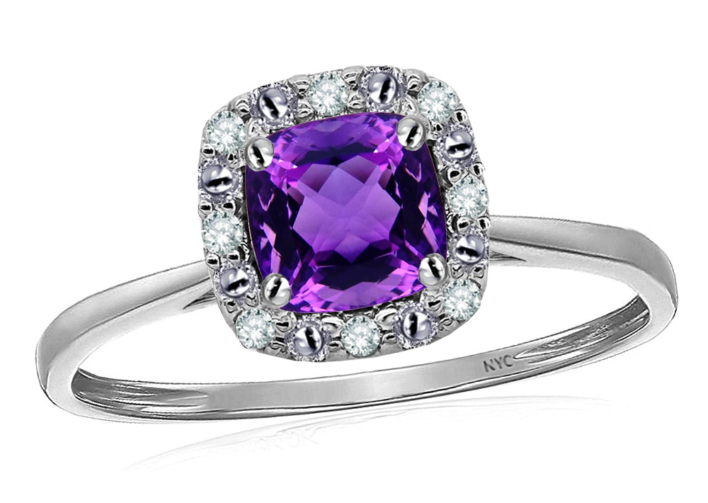 Star K 10 kt White Gold Classic Cushion-Cut Amethyst Designer Halo Ring