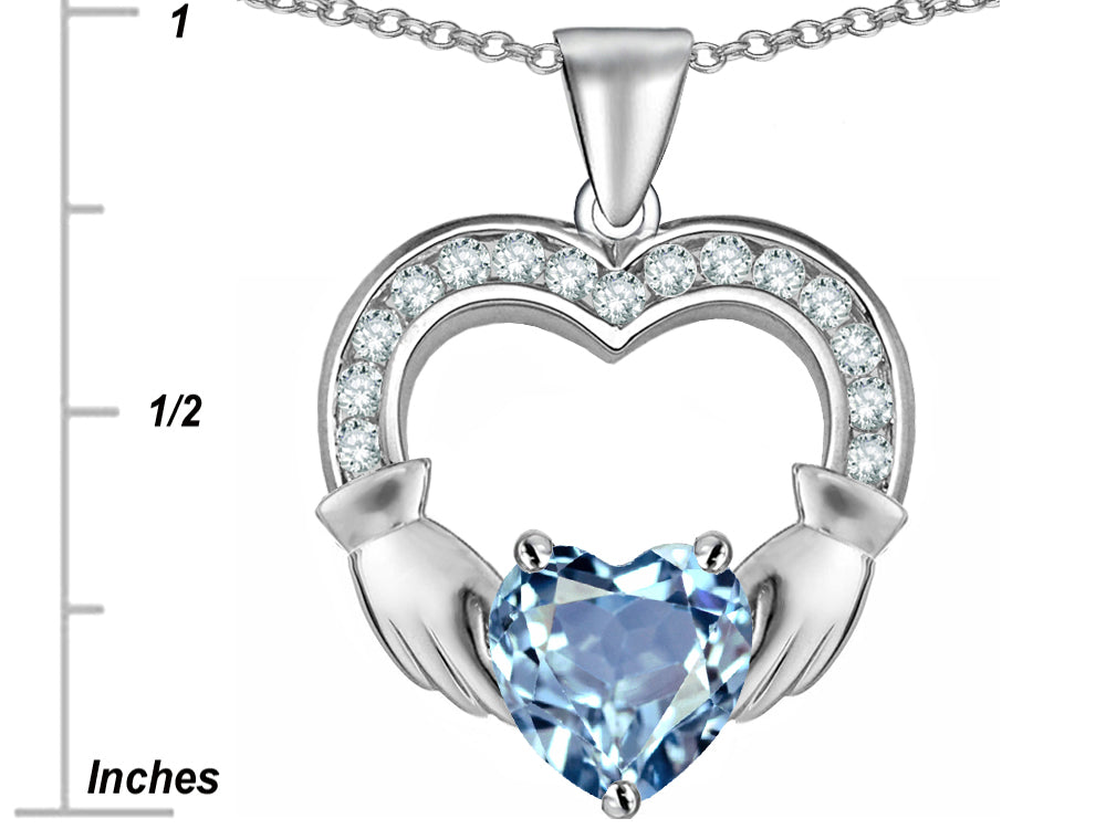Star K™ Hands Holding 8mm Heart 1inch Claddagh Pendant Necklace With Simulated Aquamarine