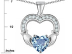 Star K™ Hands Holding 8mm Heart 1inch Claddagh Pendant Necklace With Simulated Aquamarine