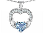 Star K™ Hands Holding 8mm Heart 1inch Claddagh Pendant Necklace With Simulated Aquamarine