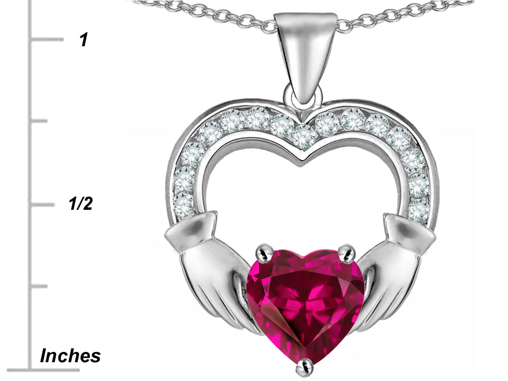 Star K™ Hands Holding 8mm Heart 1inch Claddagh Pendant Necklace With Created Pink Sapphire