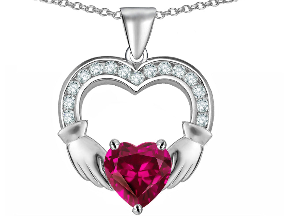 Star K™ Hands Holding 8mm Heart 1inch Claddagh Pendant Necklace With Created Pink Sapphire