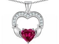 Star K™ Hands Holding 8mm Heart 1inch Claddagh Pendant Necklace With Created Pink Sapphire