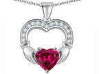 Star K™ Hands Holding 8mm Heart 1inch Claddagh Pendant Necklace With Created Pink Sapphire