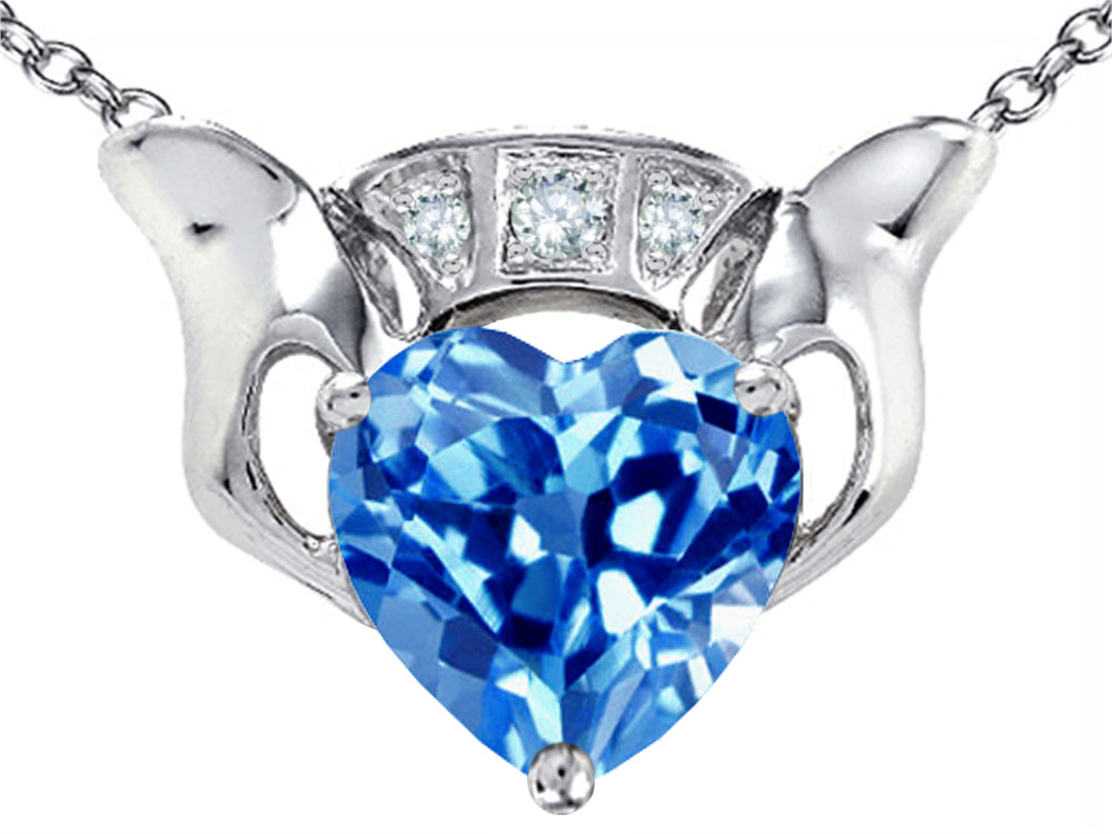 Star K™ 8mm Heart Claddagh Pendant Necklace With Simulated Blue Topaz