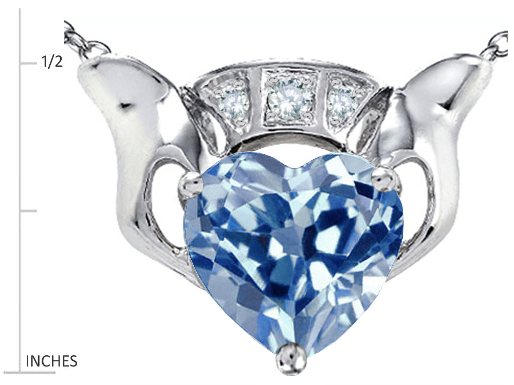 Star K™ 8mm Heart Claddagh Pendant Necklace With Simulated Aquamarine