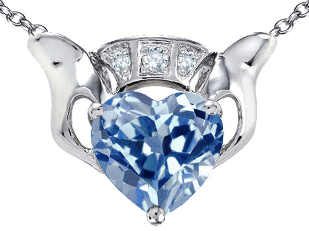 Star K™ 8mm Heart Claddagh Pendant Necklace With Simulated Aquamarine
