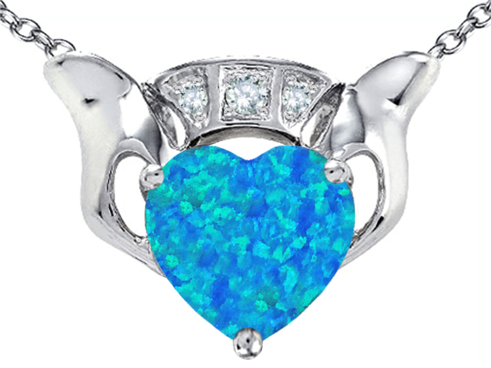 Star K™ 8mm Heart Claddagh Pendant Necklace Heart Shape Blue Created Opal and Cubic Zirconia