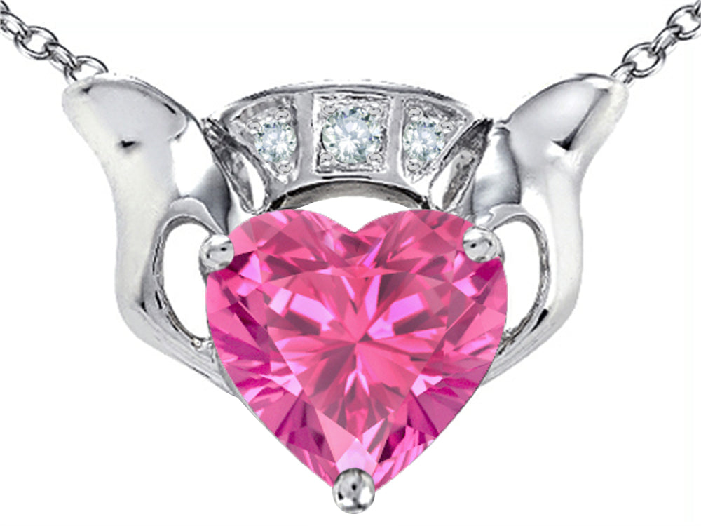 Star K™ 8mm Heart Claddagh Pendant Necklace With Created Pink Sapphire