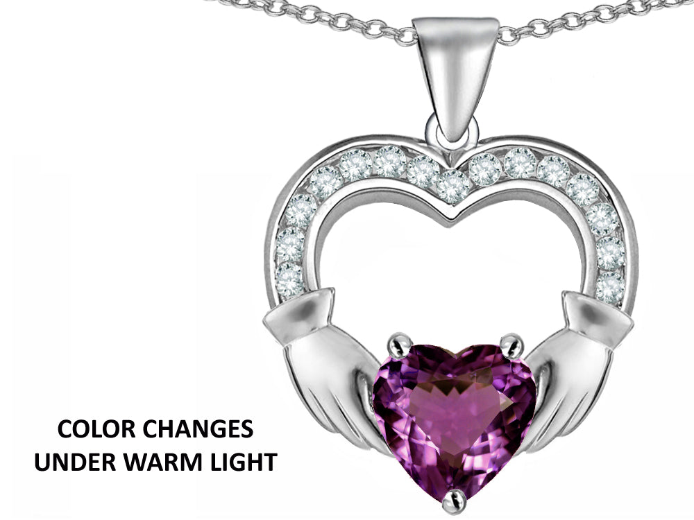 Star K™ Hands Holding 8mm Heart 1 inch Claddagh Pendant Necklace With Simulated Alexandrite