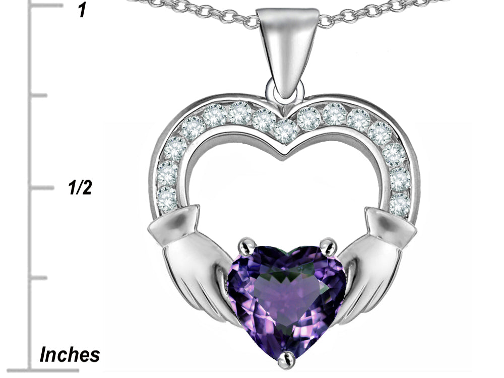 Star K™ Hands Holding 8mm Heart 1 inch Claddagh Pendant Necklace With Simulated Alexandrite