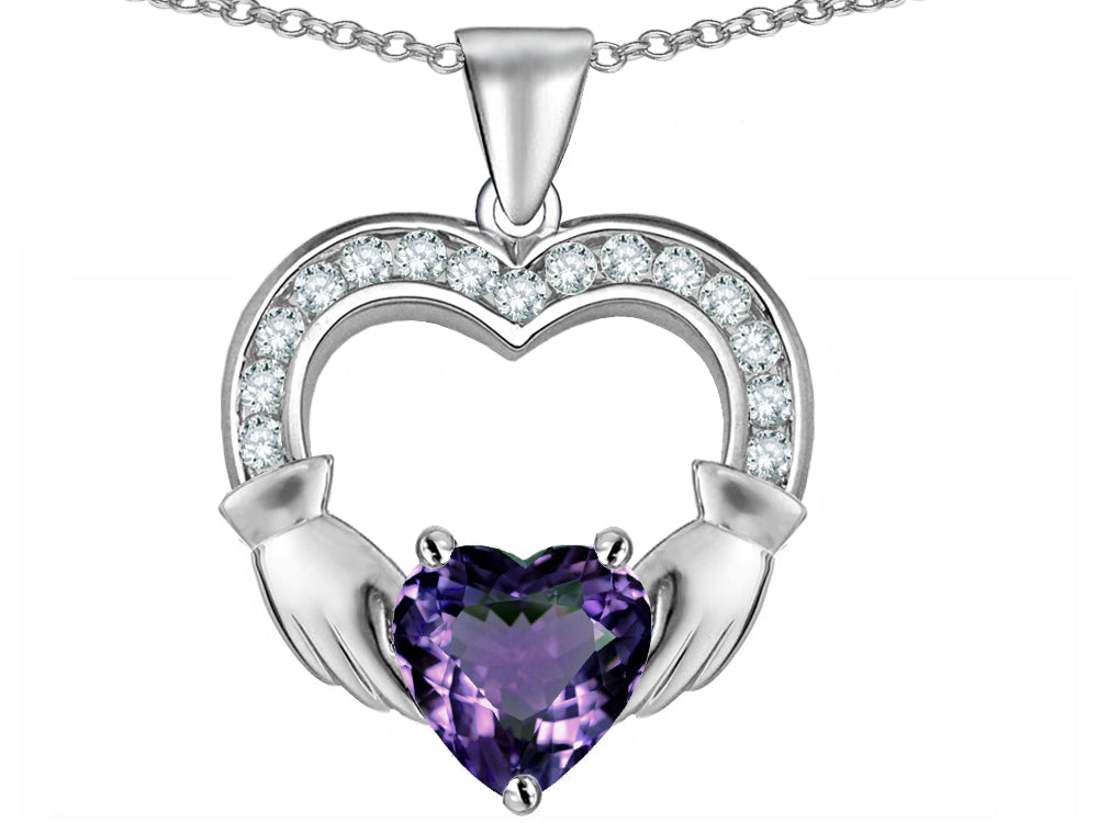 Star K™ Hands Holding 8mm Heart 1 inch Claddagh Pendant Necklace With Simulated Alexandrite