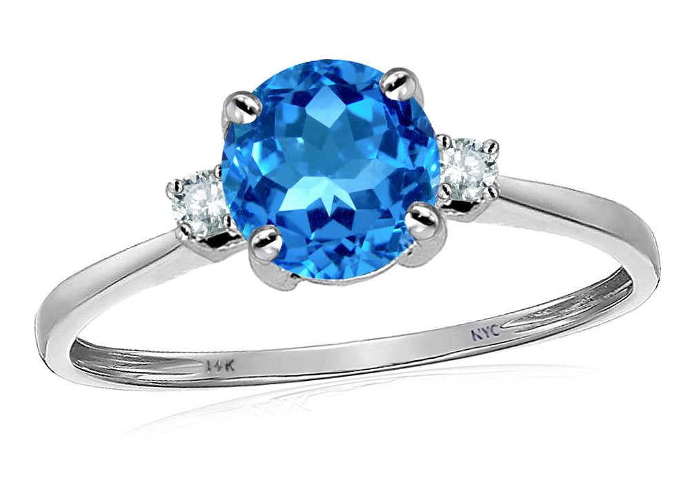 Original Star K 7mm Round Genuine Blue Topaz Classic 3 stone Engagement Ring