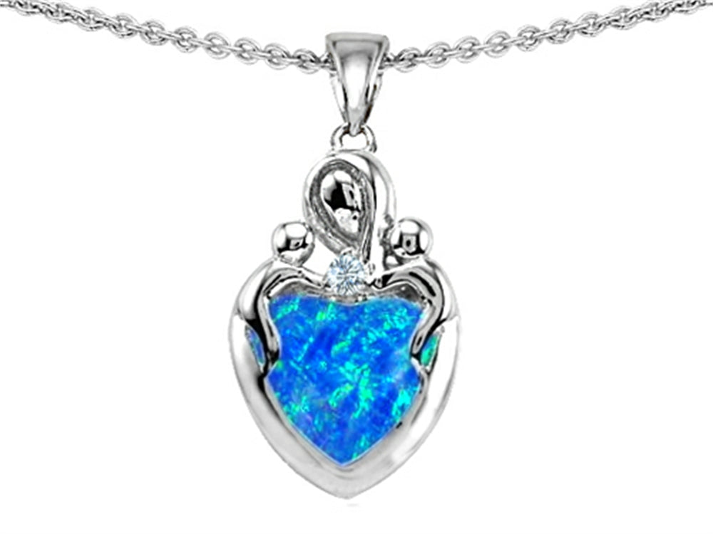 Star K™ Loving Mother Twin Children Pendant Necklace With Heart Shape 8mm Blue Created Opal