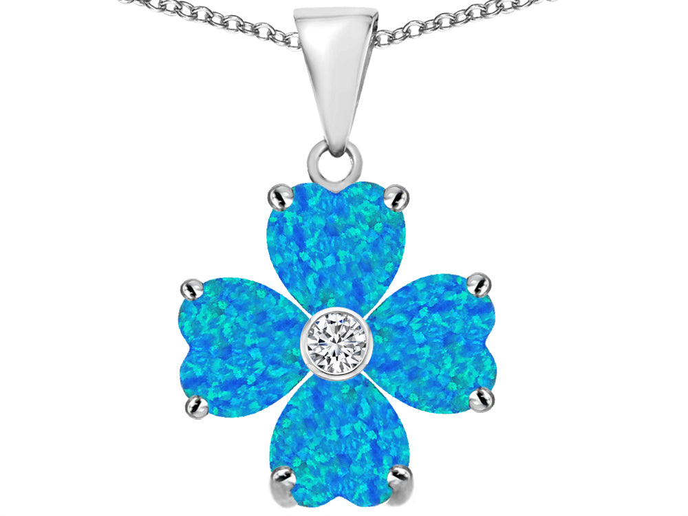 Star K™ 6mm Heart Shape Blue Created Opal and Cubic Zirconia Lucky Clover Pendant Necklace