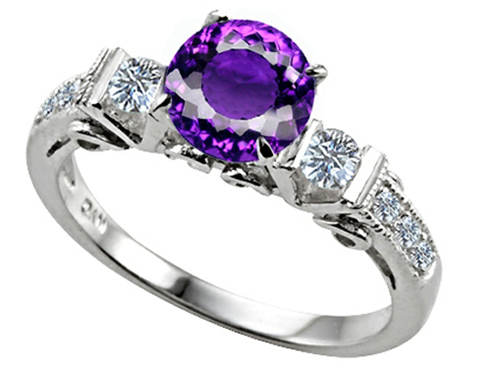Star K Classic 3 Stone Ring With Round 7mm Genuine Amethyst