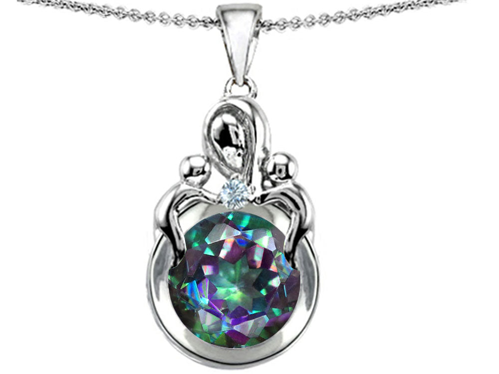 Star K™ Large Loving Mother With Twins Children Pendant Necklace With 10mm Round Mystic Topaz
