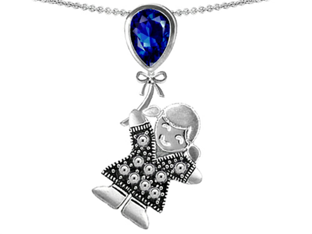 Star K™ Girl Holding a Balloon Mother September Birth Month Pear Shape Created Sapphire Pendant Necklace