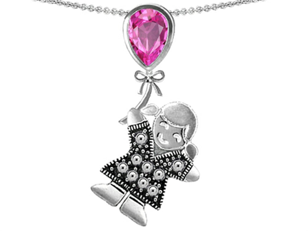 Star K™ Girl Holding a Balloon September Birth Month Pear Shape Created Pink Sapphire Pendant Necklace