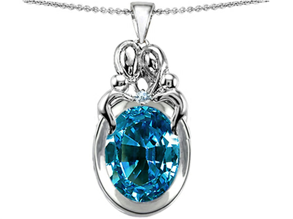 Star K™ Large Loving Mother Twin Family Pendant Necklace With Oval 11x9mm Simulated Blue Topaz