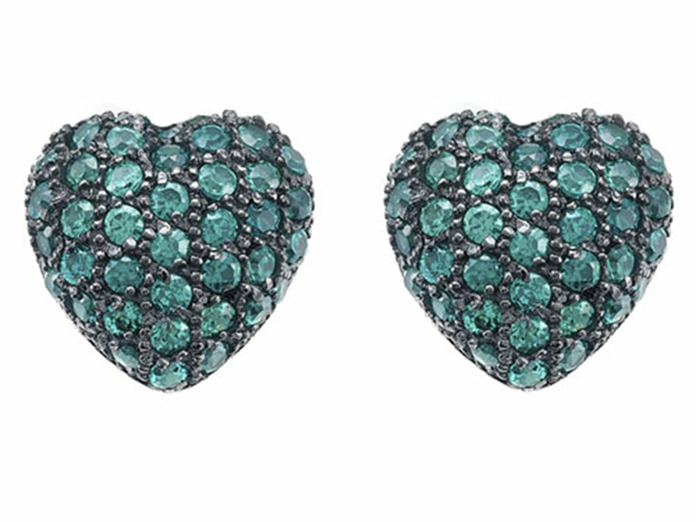 Star K™ Small Puffed Heart Love Earrings with Simulated Emerald