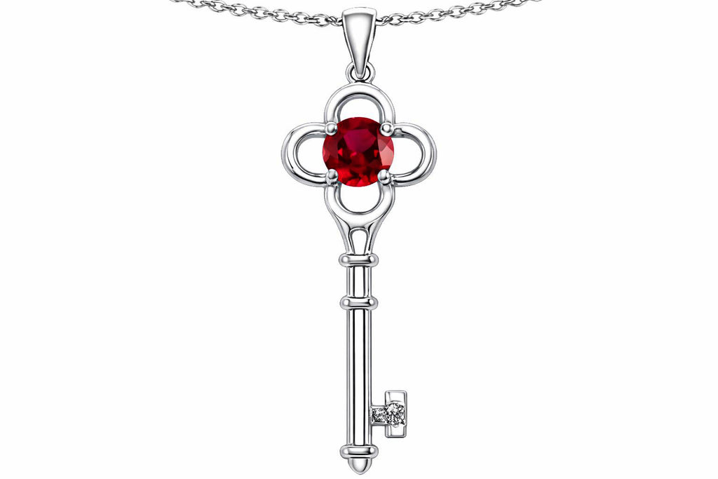 Tommaso Design™ Key to my Heart Clover Key Pendant Necklace with Round Created Ruby