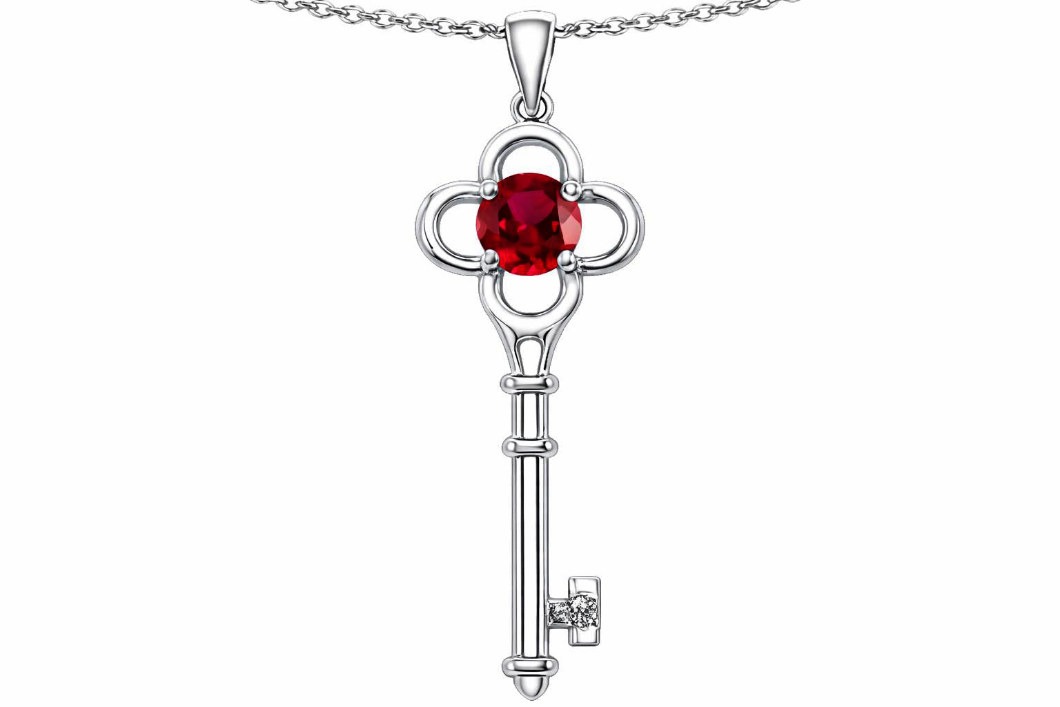 Tommaso Design™ Key to my Heart Clover Key Pendant Necklace with Round Created Ruby