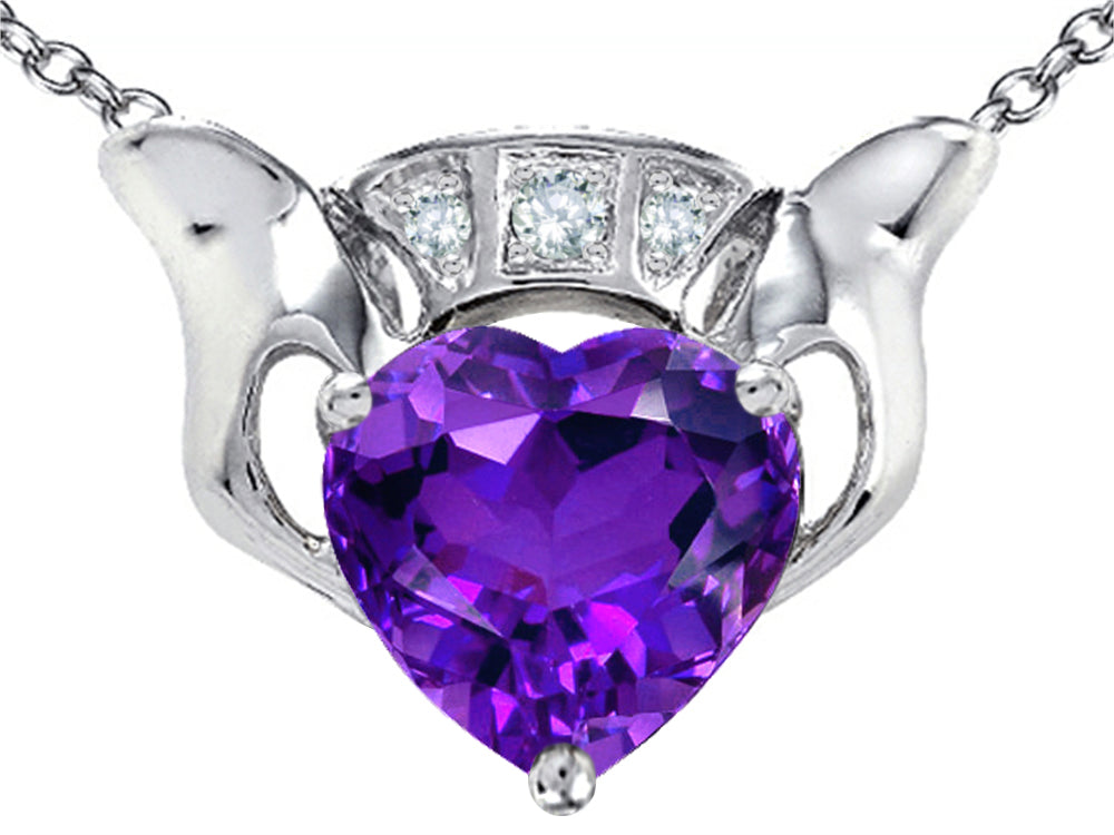 Star K™ 8mm Heart Claddagh Pendant Necklace With Simulated Amethyst