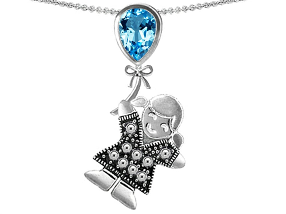 Star K™ Girl Holding a Balloon Mother December Birth Month Pear Shape Simulated Blue Topaz Pendant Necklace
