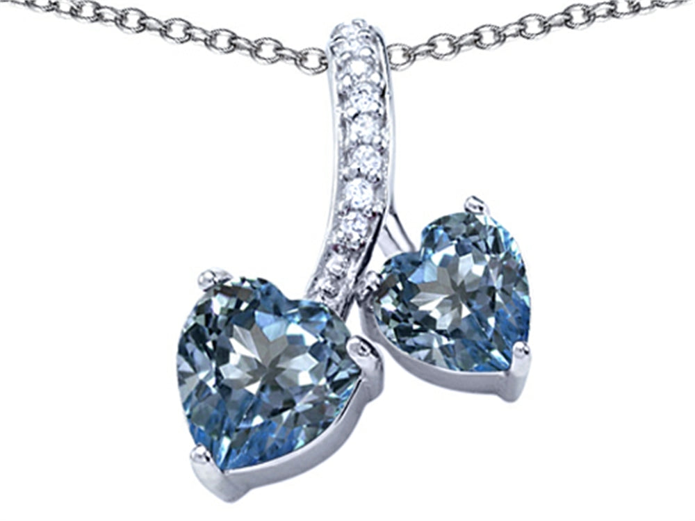 Star K™ 8mm and 7mm Heart Shape Simulated Aquamarine Double Hearts Pendant Necklace
