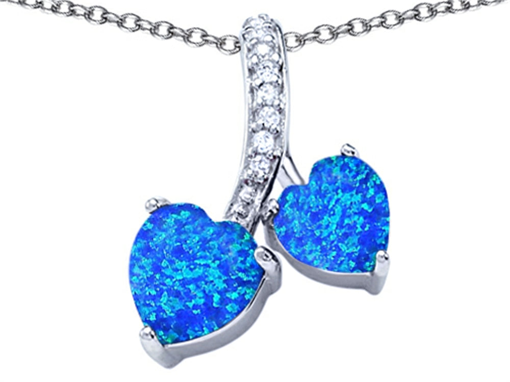 Star K™ 8mm and 7mm Heart Shape Blue Created Opal and Cubic Zirconia Double Hearts Pendant Necklace