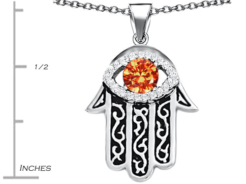 Star K™ Good Luck Hamsa Evil Eye Protection Pendant Necklace with Round Simulated Mexican Fire Opal