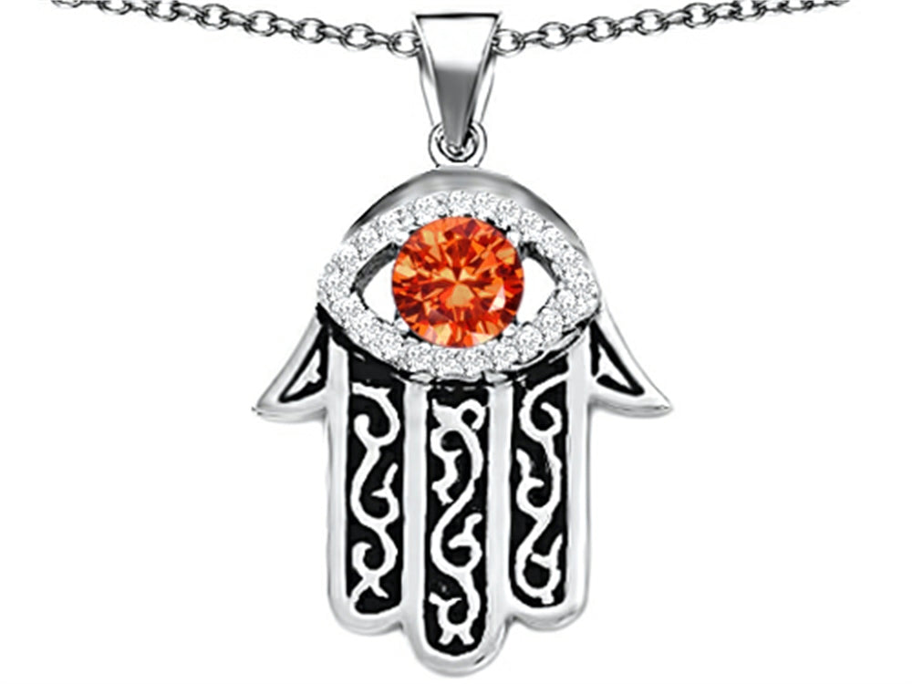 Star K™ Good Luck Hamsa Evil Eye Protection Pendant Necklace with Round Simulated Mexican Fire Opal