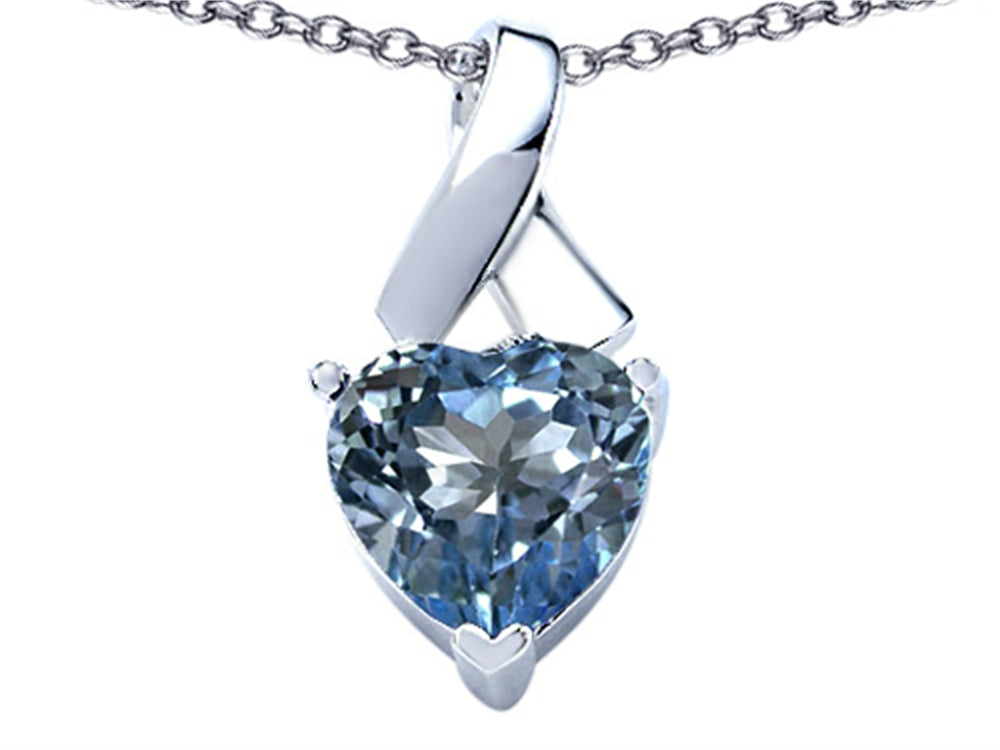 Star K™ 8mm Heart Shape Simulated Aquamarine Ribbon Pendant Necklace
