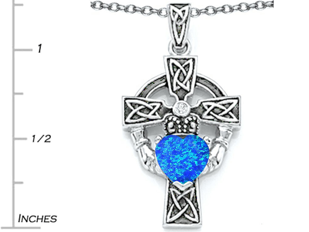 Star K™ Claddagh Cross Pendant Necklace with 7mm Heart Shape Blue Created Opal