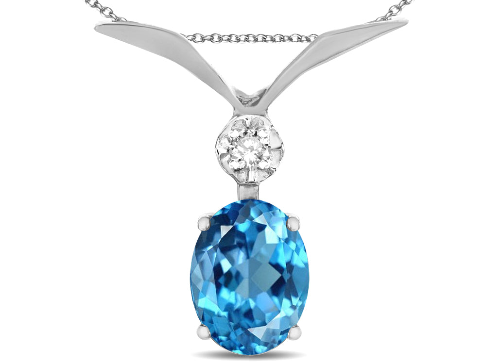 Star K™ 14K Gold Oval 8x6mm Genuine Blue Topaz V Shaped Pendant Necklace