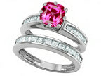 Star K Cushion-Cut 7mm Created Pink Sapphire Wedding Set
