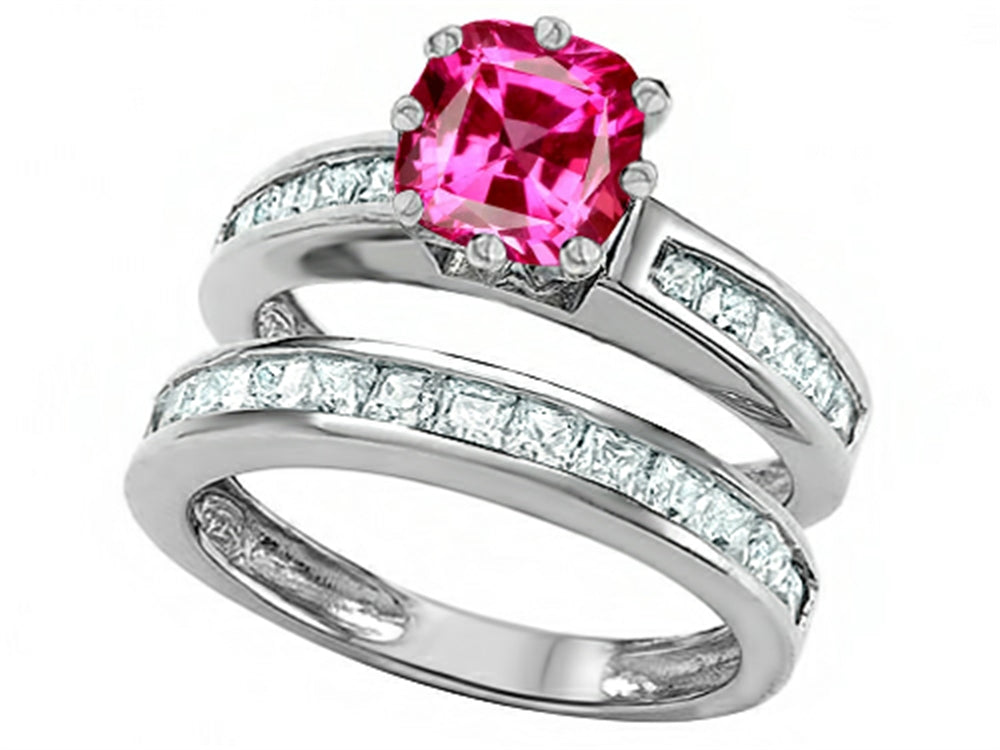 Star K Cushion-Cut 7mm Created Pink Sapphire Wedding Set