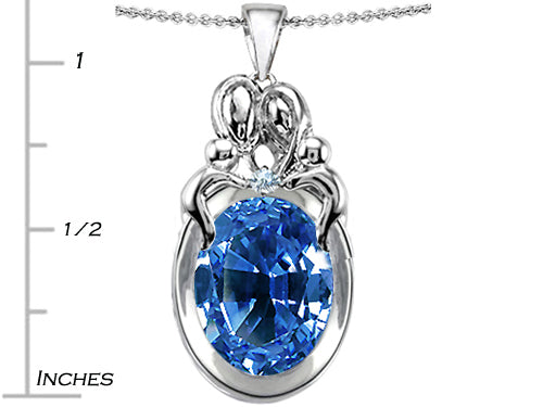 Star K™ Large Loving Mother Twin Family Pendant Necklace With 11x9mm Oval Simulated Aquamarine
