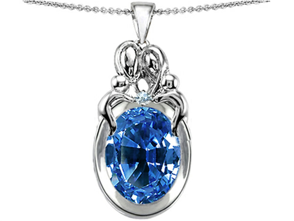 Star K™ Large Loving Mother Twin Family Pendant Necklace With 11x9mm Oval Simulated Aquamarine