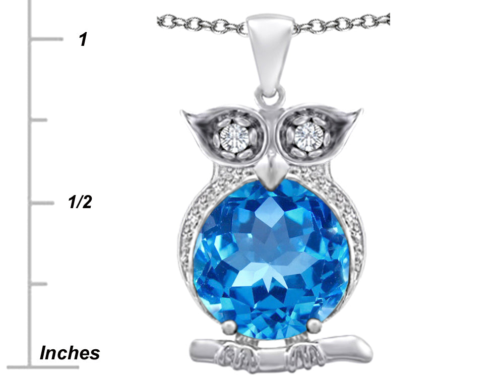 Star K™ Large 10mm Round Simulated Blue Topaz Good Luck Owl Pendant Necklace
