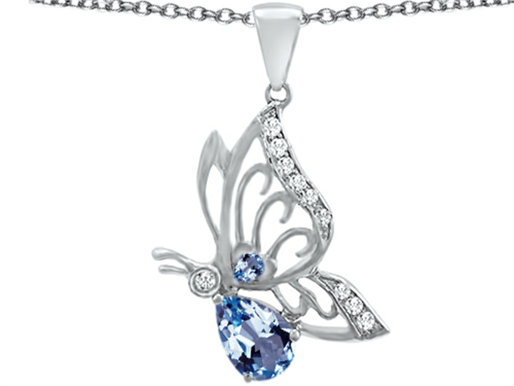 Star K™ Butterfly Pendant Necklace With 9x6mm Pear Shape Simulated Aquamarine